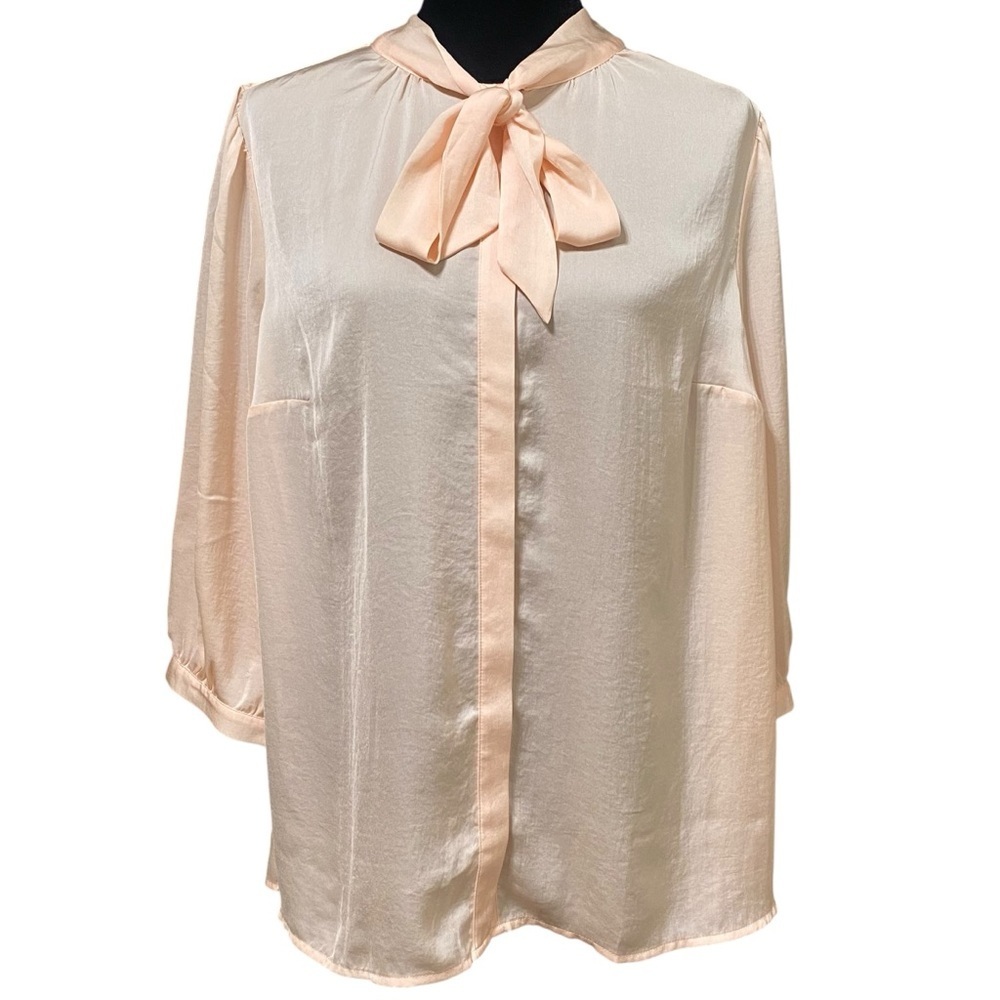 ModCloth HBIC Blouse 1X Blush Pink Silky Tie Neck Retro Office Top - Picture 2 of 6